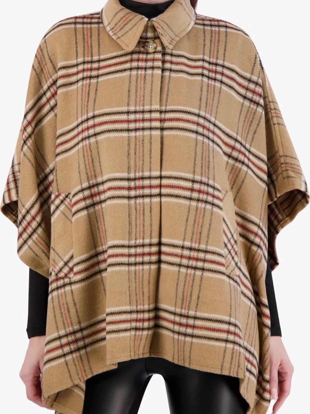 NWT Ookie & Lala Plaid Brushed Knit Cape Poncho Jacket Tan Red Black S/M